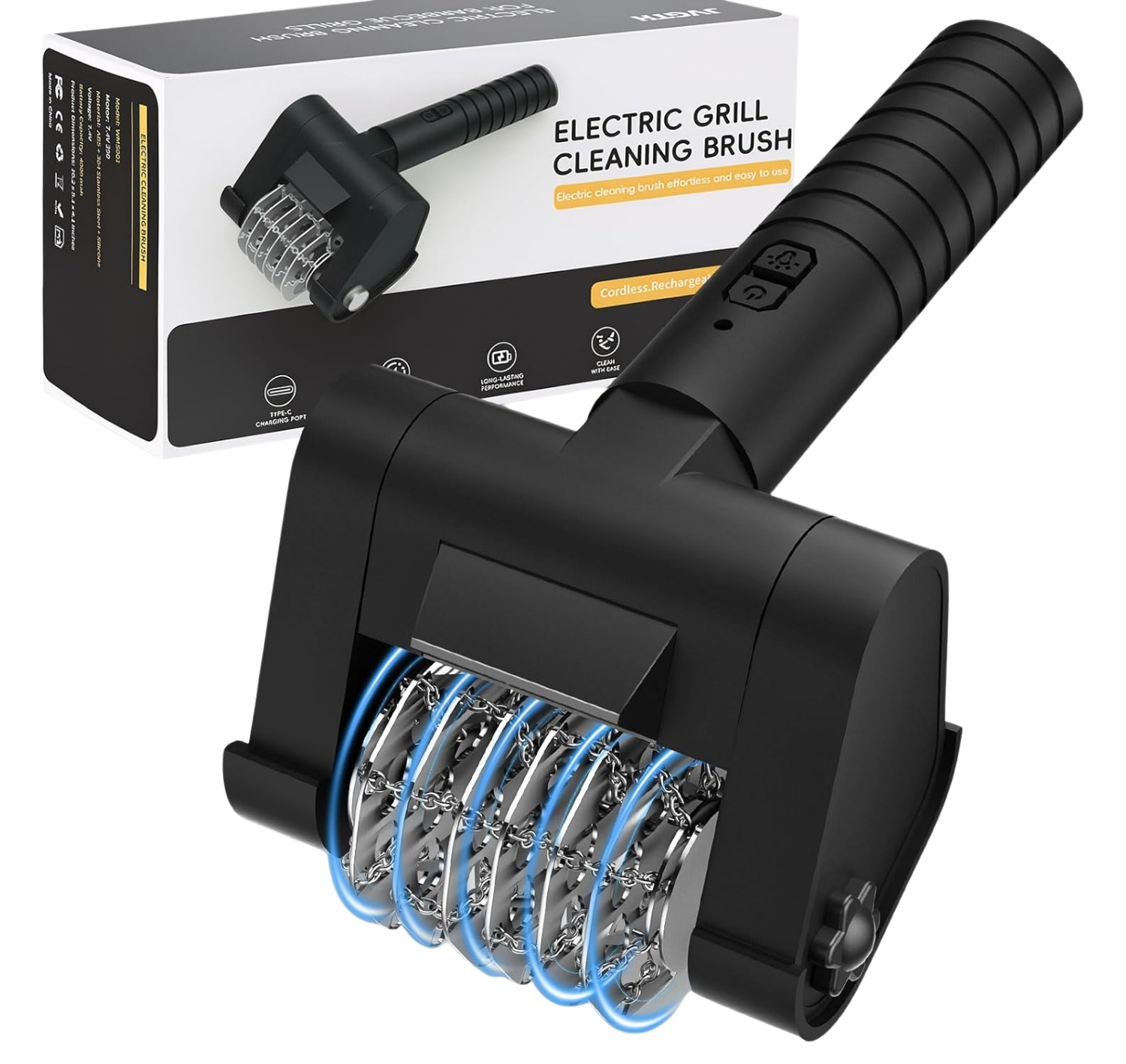 Electric Grill Brush BBQ Grill Cleaning Brush 450 RPM Stainless Steel Removable Head Type-C Rechargeable with LED Light Grill Cleaner Brush