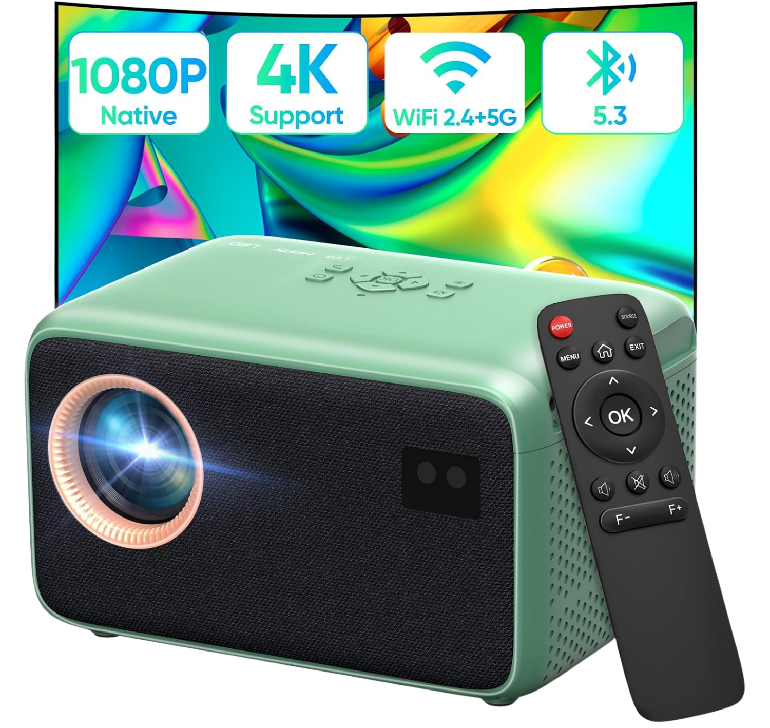 Projector with Wifi and Bluetooth, Native 1080P Portable Mini Projector 4K Support, Auto Focus & Auto Keystone Projector for Bedroom/Home/Outdoor, Compatible with Smartphone/HDMI/USB/TV Stick