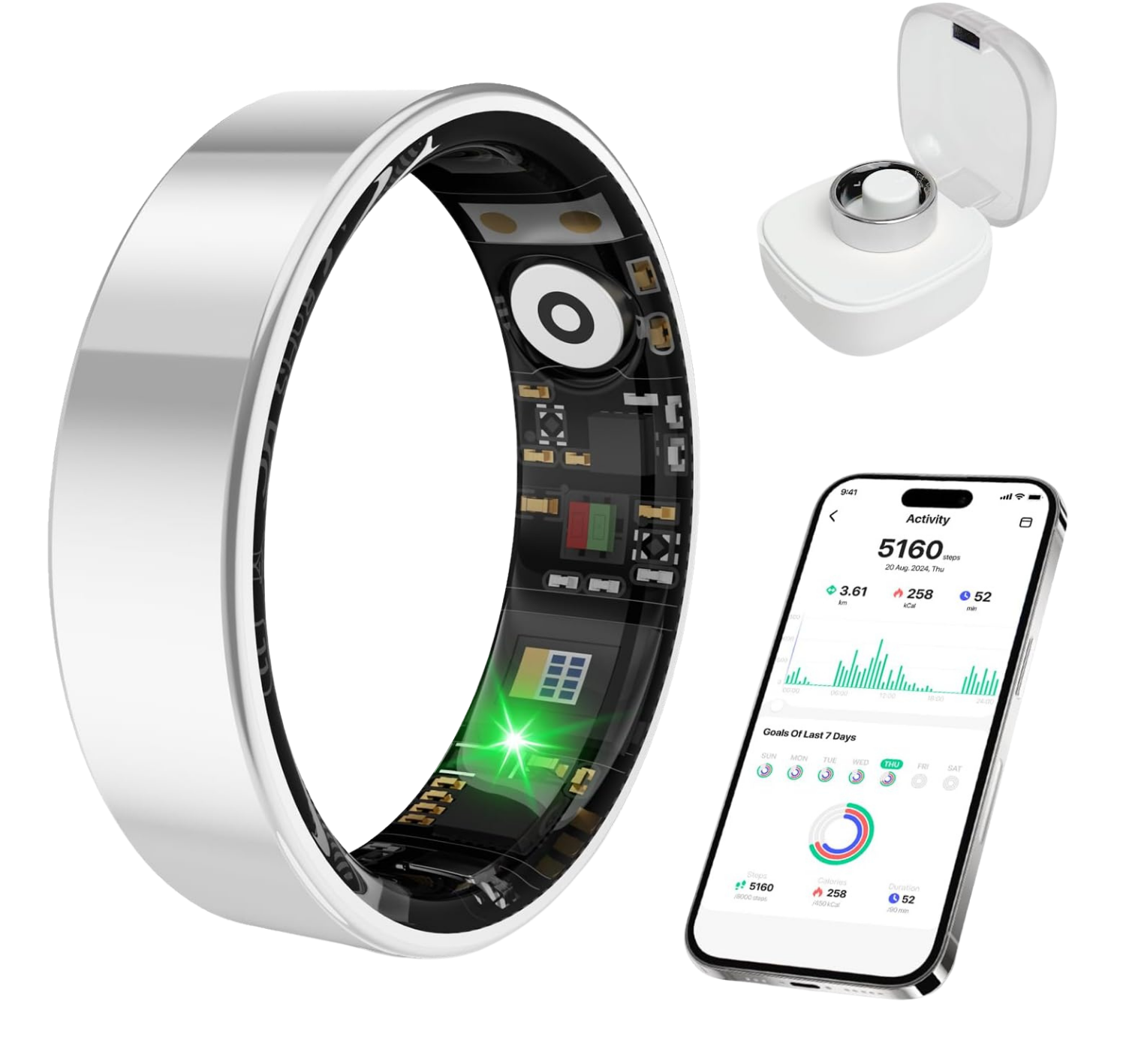 Smart Health Ring, Featuring Stress and Sleep Monitoring Functions, Compatible with iOS and Android,Waterproof Fitness Tracker for Women & Men, No Subscription Fee. (Silver, 9)