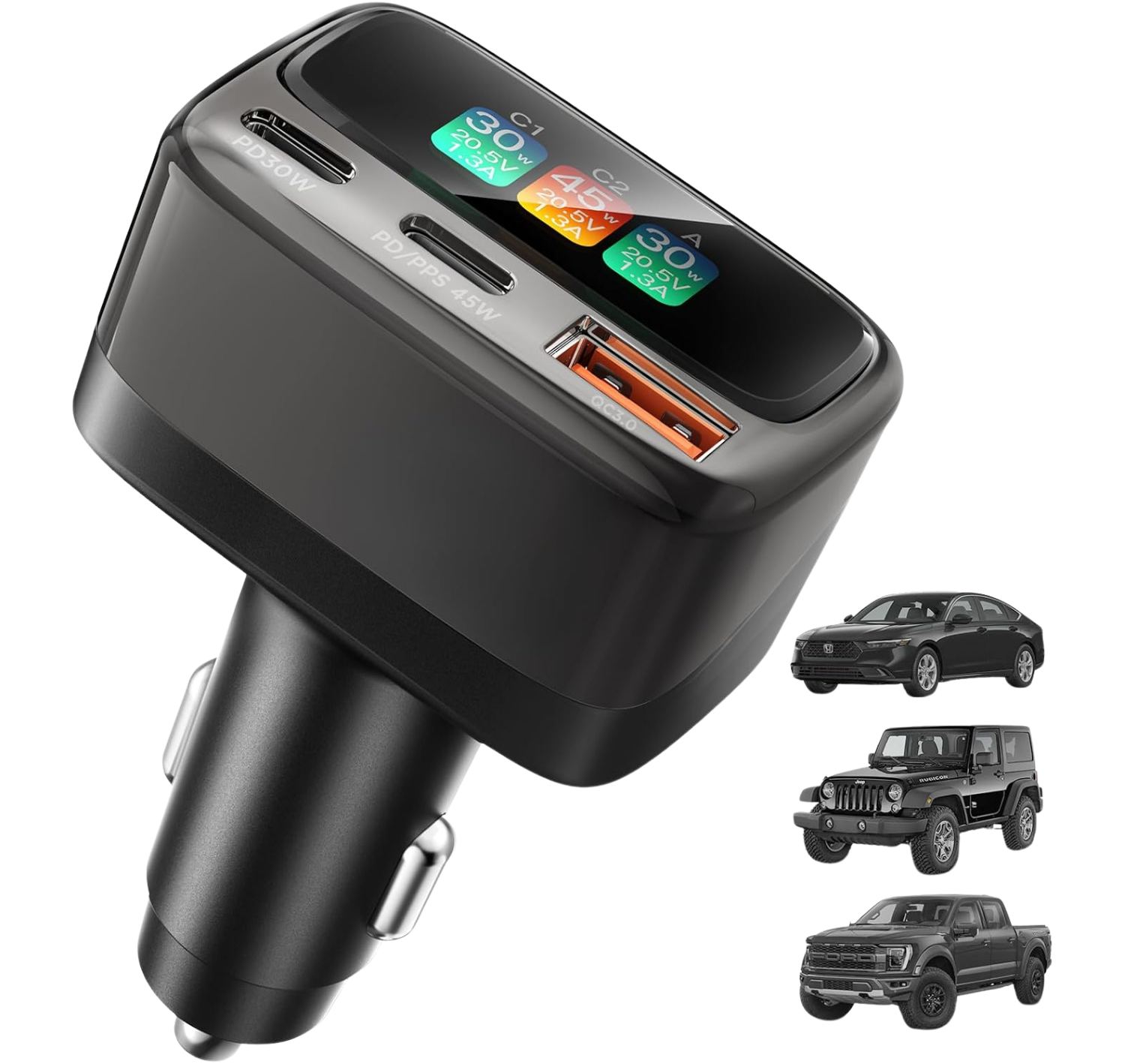 105W USB C Car Charger with Digital Color Display, 3-Port Fast Charging Cigarette Lighter Adapter for iPhone 17/16/15 Pro Max, Samsung S26, Travel Car Accessories Gifts for Men Women + 3FT USB-C Cable