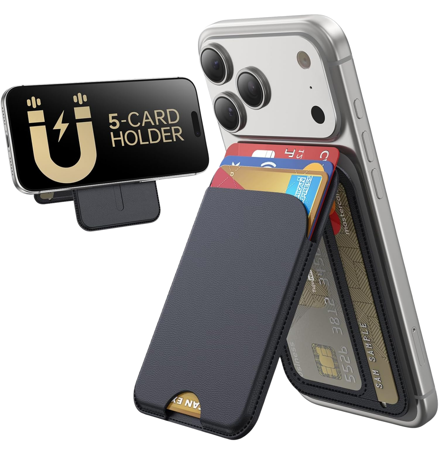 MagSafe Wallet, 5 Cards Holder with Stand, Magnetic Phone Wallet Stand for iPhone 17/16/15/14/13/12 Pro Max Air Plus Series, RFID Blocking Vegan Leather,Black