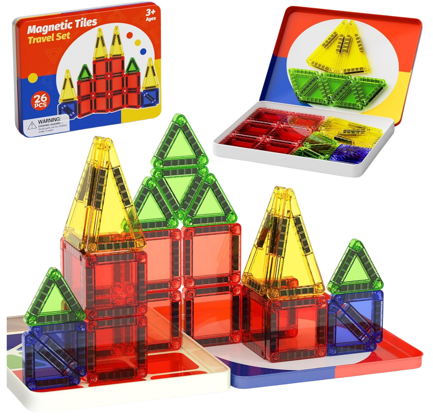 Mini Magnetic Tiles with Iron Case, Magnetic Building Toys Kid’s Travel Essential Portable Creativity On-The-Go Magnet Blocks STEM Travel Toys for Toddler Boys Girls Ages 3+, 26-Piece