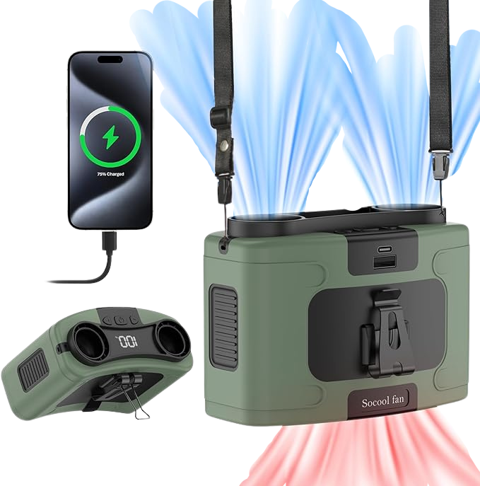 15000mAh Portable Waist Fan, 4-in-1 Waist Clip Fan with Power Bank & LED Light, 100-Speed 25000 RPM Strong Airflow, Instant Cooling for Camping, Travel, Outdoor, Garden, Gift for Men Women