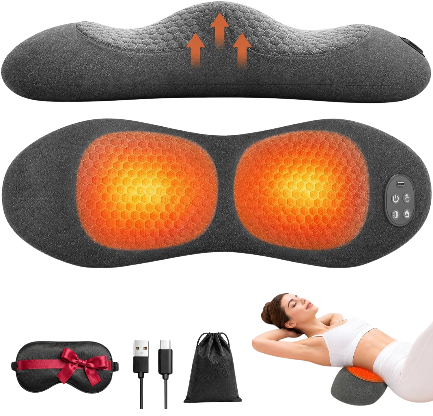Cordless Lumbar Support Pillow for Pain Relief Deep Tissue, 3-in-1 Heated Lower Back Massager Pillow with 3000mAh Battery, Heat, Massage, Electric Stretch, Back Support Pillow for Office Chair Car