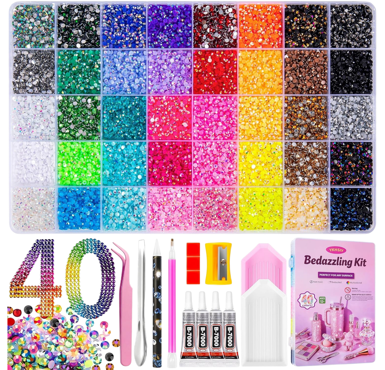 Bedazzling Kit 40000Pcs 40 Colors Resin Jelly Rhinestones, Multicolor 3mm Flatback Gems for Diamond Art, Bedazzler Kit with 4Pcs 10ml B7000 Jewelry Glue & Tools for DIY Nail Art Crafting Makeup Adults