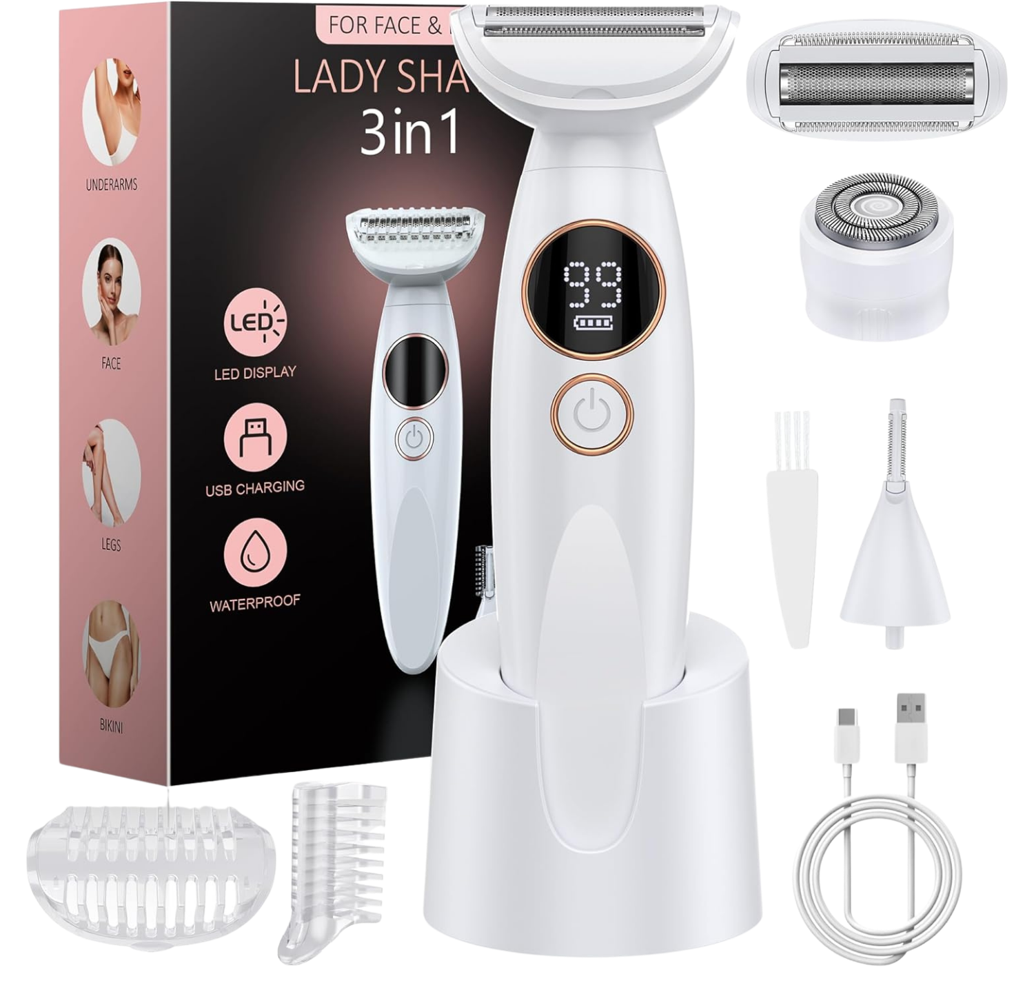 3 in 1 Bikini Trimmer for Women, Electric Razors for Women with Display, Painless Bikini Trimmer, USB Charging, Electric Shaver for Woman,Shaver for Woman for Face, IPX7 Waterproof,White